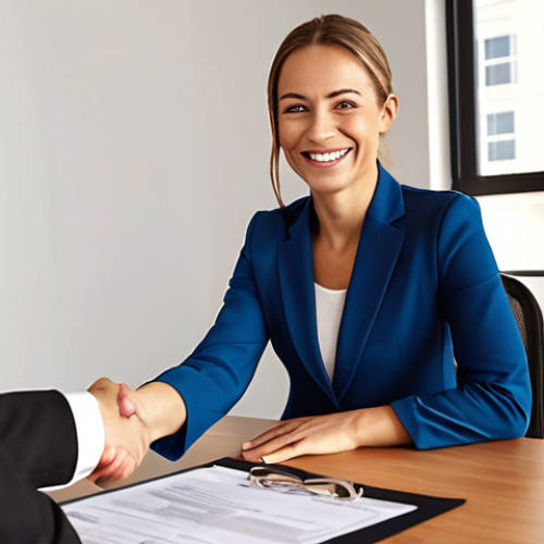 Home 8 **Business owner smiling confidently, shaking hands with a bank representative. Loan document visible on desk. Warm, inviting office setting.**
