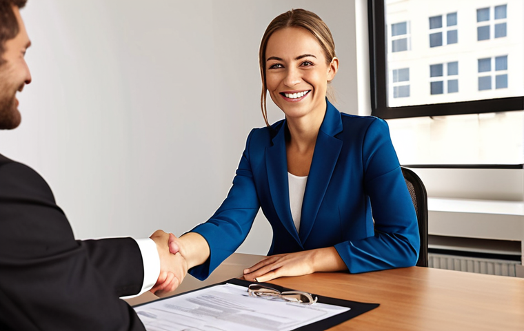 **Business owner smiling confidently, shaking hands with a bank representative. Loan document visible on desk. Warm, inviting office setting.**