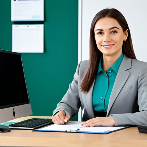 Home 8 **
"A professional businesswoman in a modest business suit, sitting at a desk in a modern office, fully clothed, appropriate attire, safe for work, perfect anatomy, natural proportions, professional photography, high quality. Background: Clean and organized office space with computer and documents on desk. Colors: Neutral tones with a pop of blue or green."
**