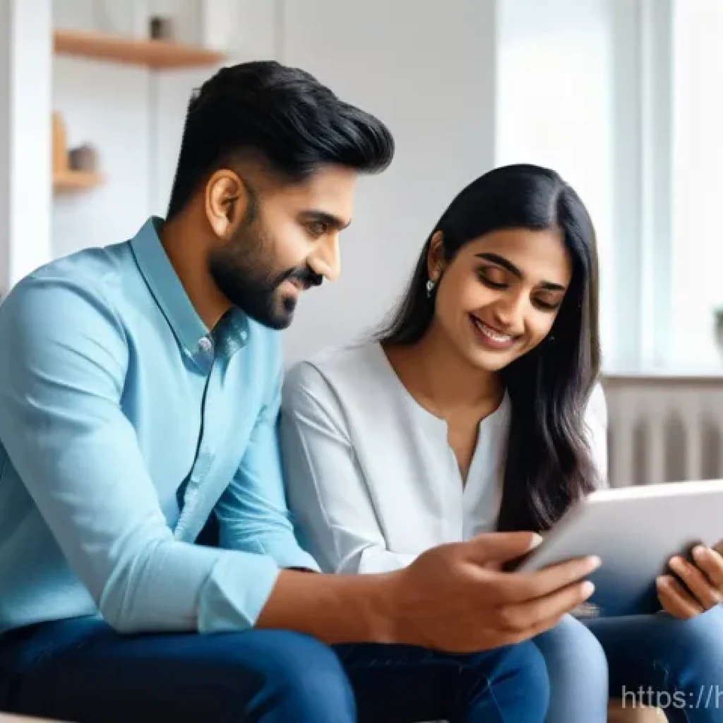 전세자금대출 금리 비교표 - A young Indian couple, both in their late 20s or early 30s, dressed in modern, modest casual wear. T...