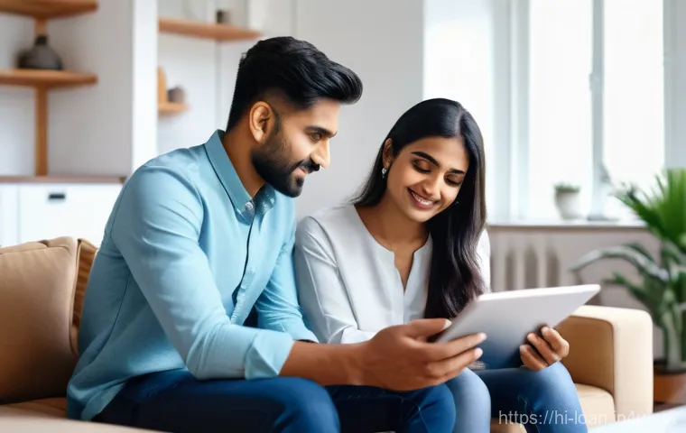 전세자금대출 금리 비교표 - A young Indian couple, both in their late 20s or early 30s, dressed in modern, modest casual wear. T...