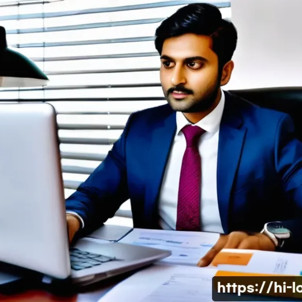신용등급과 대출 한도 - A professional Indian man in his 30s dressed in formal office attire, sitting at a desk with a lapto...