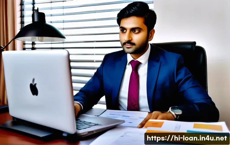 신용등급과 대출 한도 - A professional Indian man in his 30s dressed in formal office attire, sitting at a desk with a lapto...
