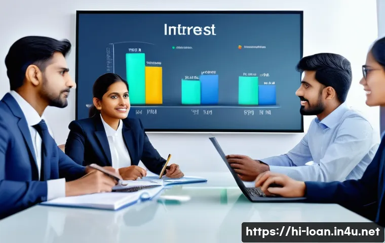 주택담보대출 금리 비교 - A professional office scene showing a diverse group of Indian adults discussing home loan interest r...