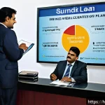 캐피탈 대출 상품 비교 - A detailed illustration of a modern Indian bank interior focused on a loan officer explaining secure...