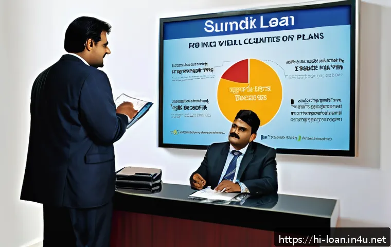 캐피탈 대출 상품 비교 - A detailed illustration of a modern Indian bank interior focused on a loan officer explaining secure...