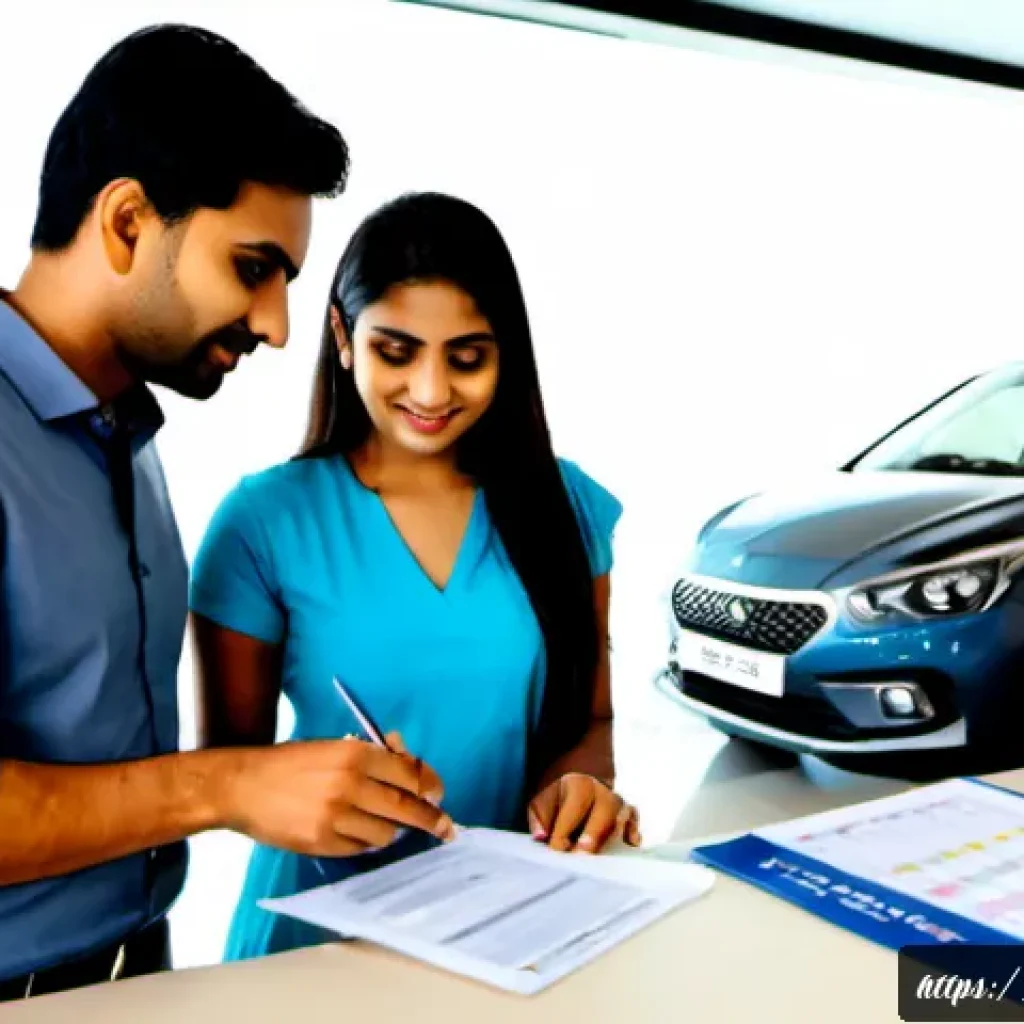 리스와 렌트 계약의 차이 - Photorealistic modern Indian car showroom, a Hindi-speaking Indian couple in modest smart-casual clo...