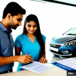 리스와 렌트 계약의 차이 - Photorealistic modern Indian car showroom, a Hindi-speaking Indian couple in modest smart-casual clo...