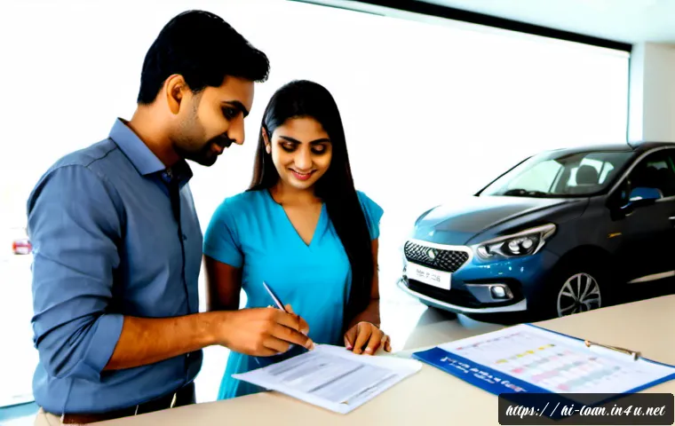 리스와 렌트 계약의 차이 - Photorealistic modern Indian car showroom, a Hindi-speaking Indian couple in modest smart-casual clo...